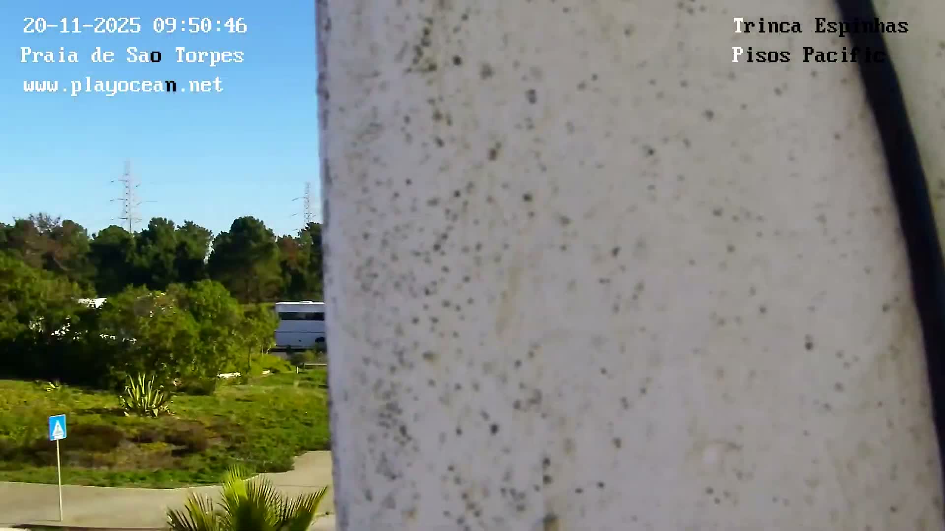 A sunny outdoor scene is partially obscured by a speckled white column, revealing a landscape of green trees and bushes, a white RV, and distant power line towers under a clear blue sky.