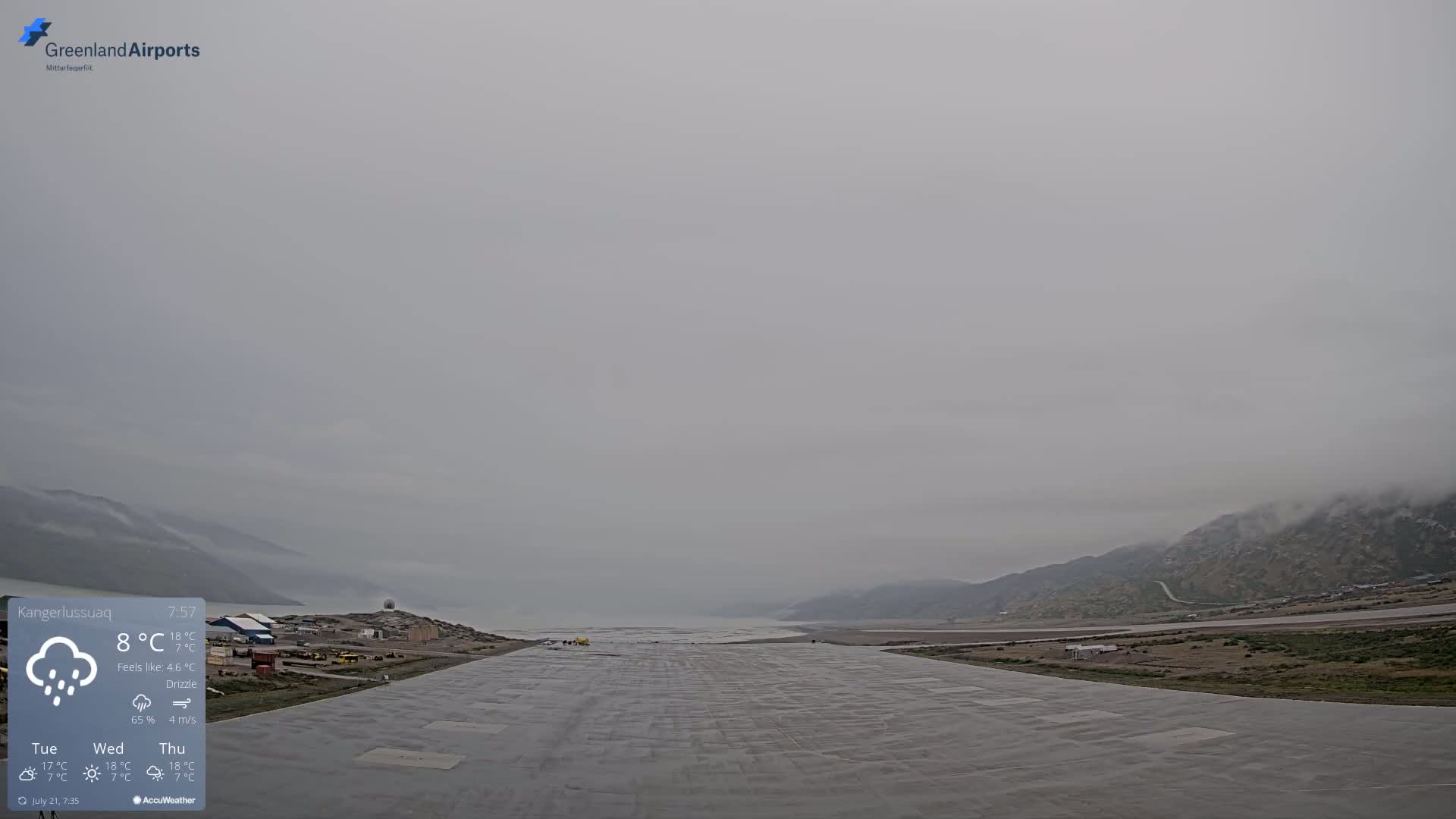 A wet, gray airstrip is visible, with low-lying clouds and fog obscuring distant mountains under a drizzle.