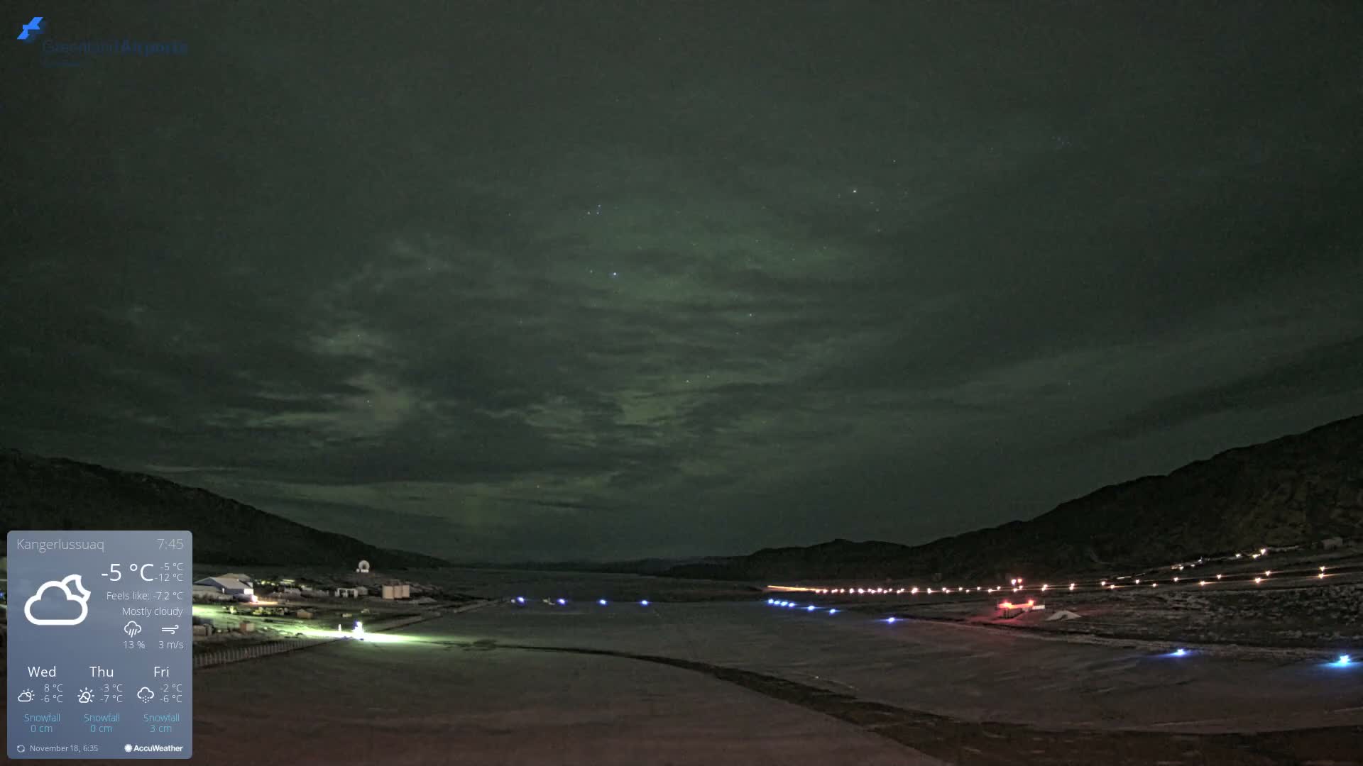 A snowy airfield with lines of bright blue and yellow lights stretches between dark, hilly terrain under a partly cloudy, dark green night sky exhibiting a faint auroral glow.