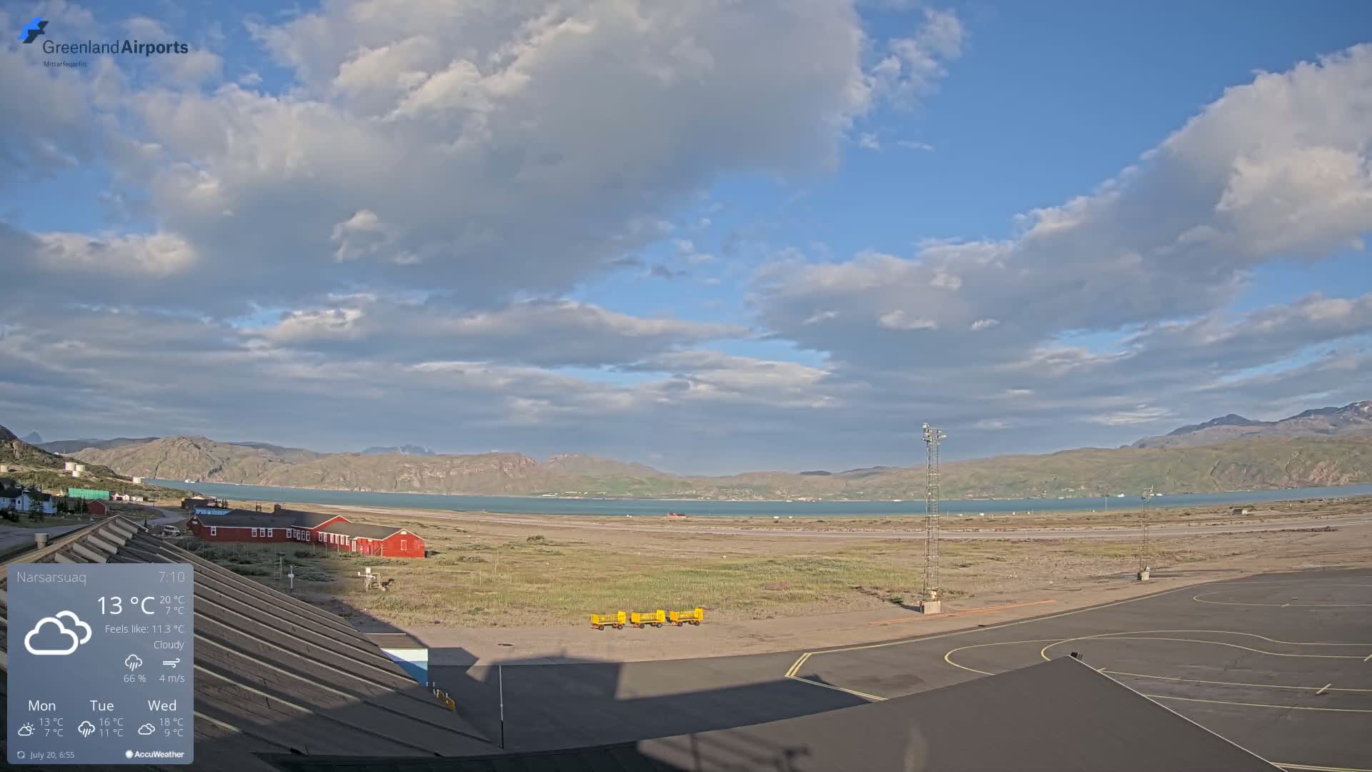 A partly cloudy day reveals a coastal airport with a red building and a body of water surrounded by mountains.