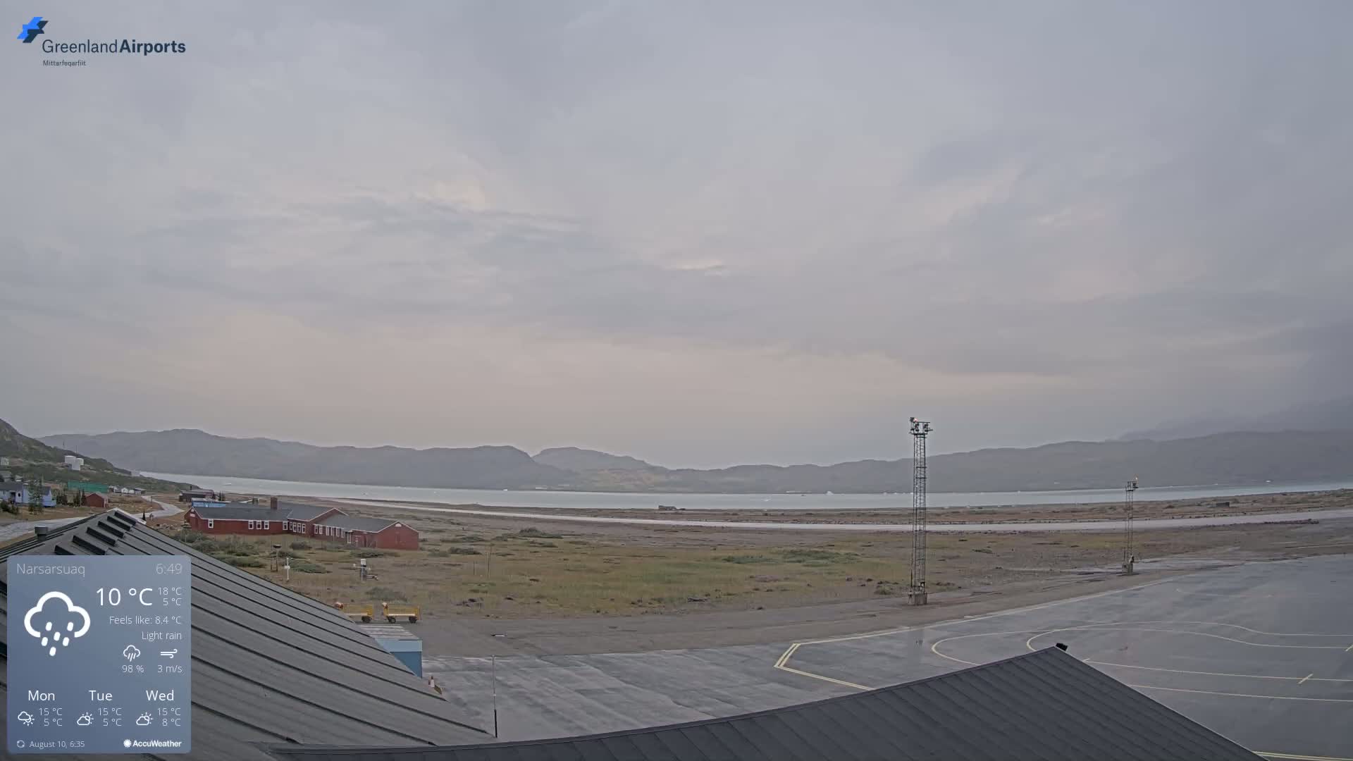A view of an airport tarmac with light rain under a cloudy sky, showing a body of water and distant mountains in the background.