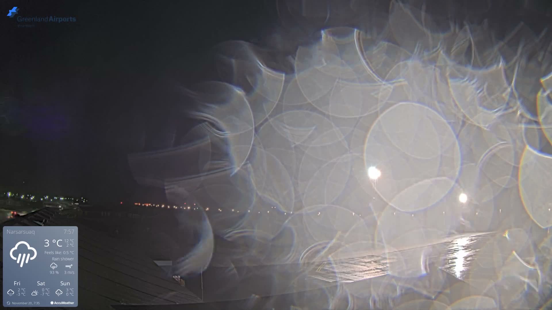 A nighttime view of an airport runway, seen through a rain-covered window or lens, shows glistening wet pavement under a rain shower.