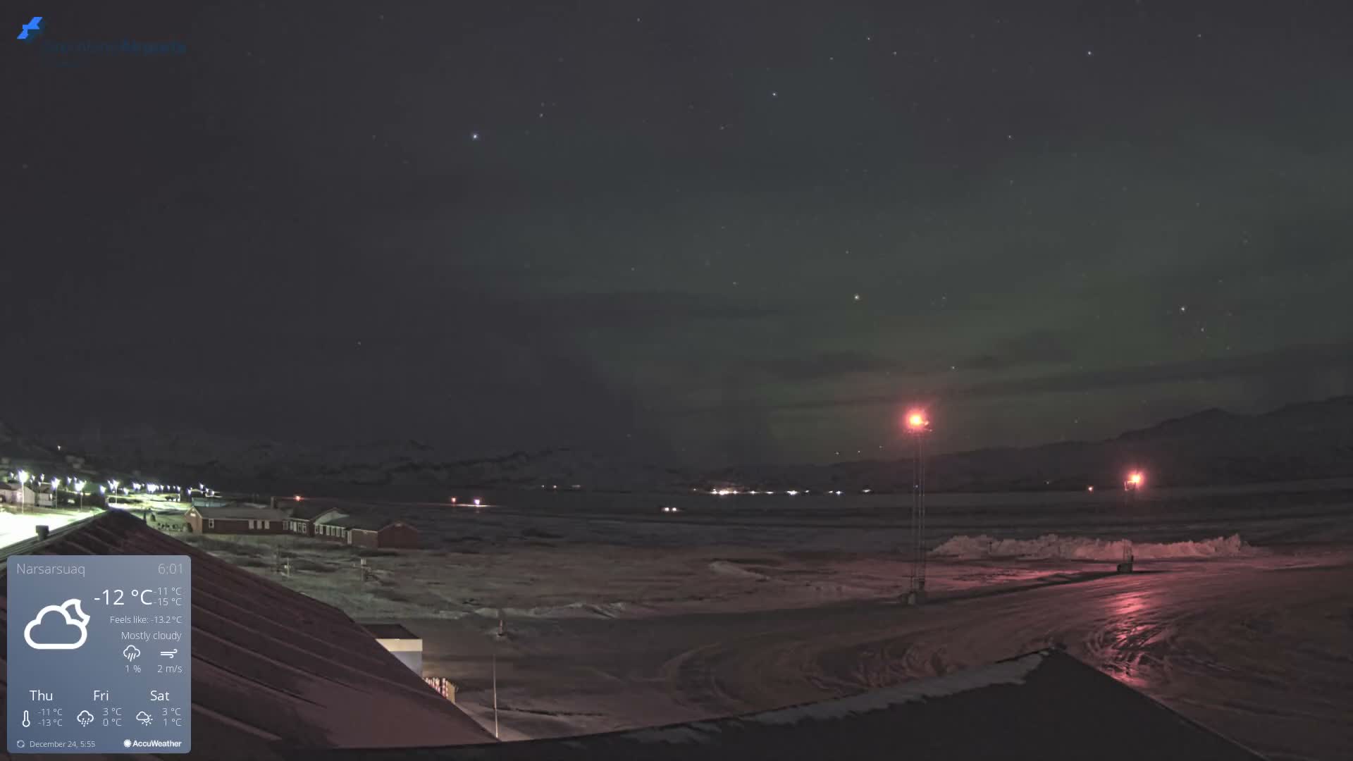 A vast, snow-covered and cold landscape stretches under a dark, partially cloudy, starry night sky, illuminated by red warning lights and distant town lights amidst surrounding mountains.