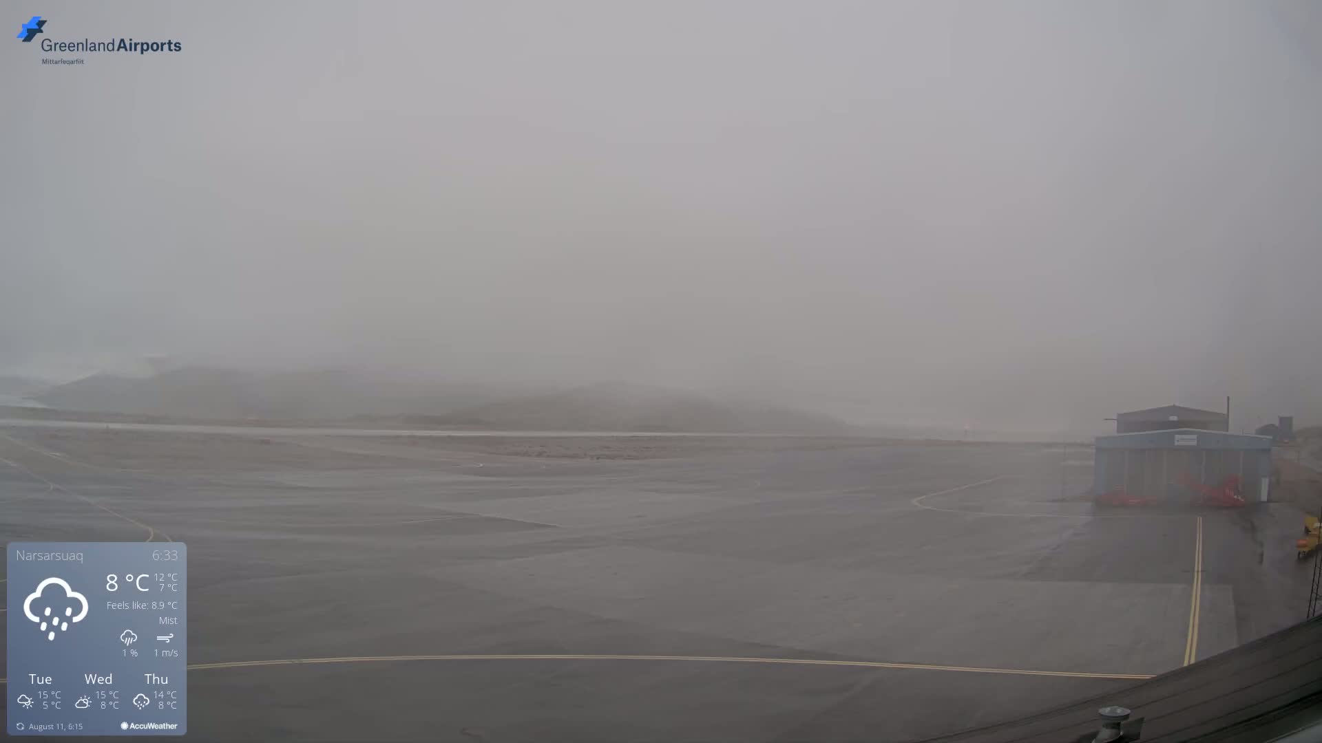 A misty, rainy airfield with a building and some vehicles is visible in the distance.