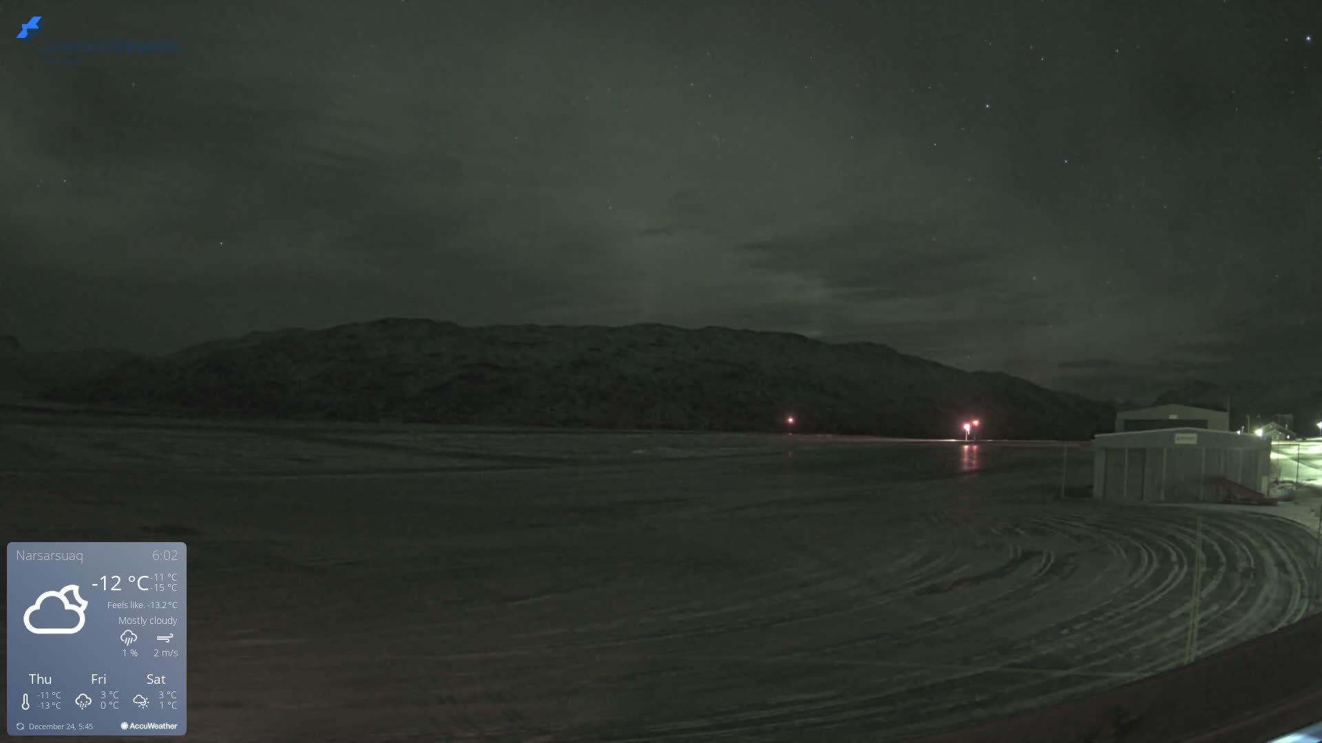 The cold, partially cloudy night sky, dotted with stars, hangs over a vast snow-covered airfield flanked by dark mountains, with distant red lights glowing and low buildings visible on the right.