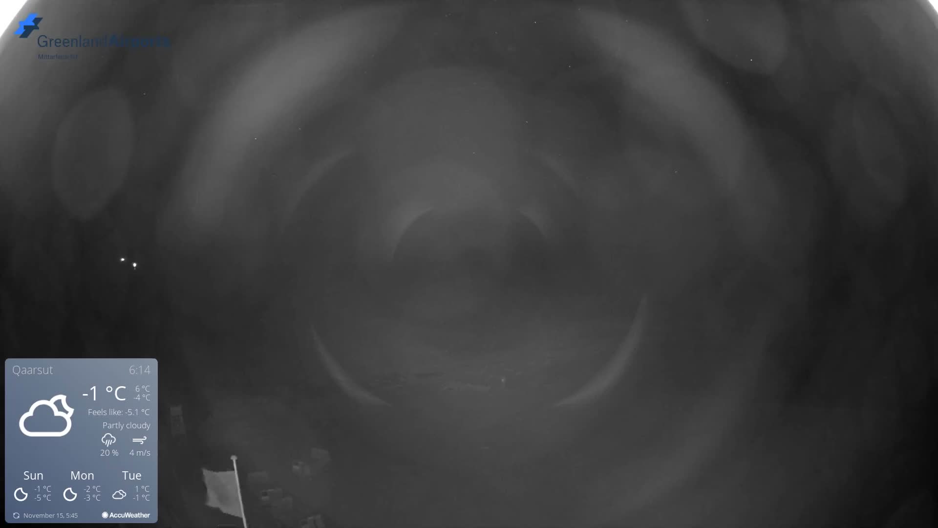 The extremely dark and blurry image depicts a distant, faint landscape or body of water with a few distant lights under cold, partly cloudy conditions.