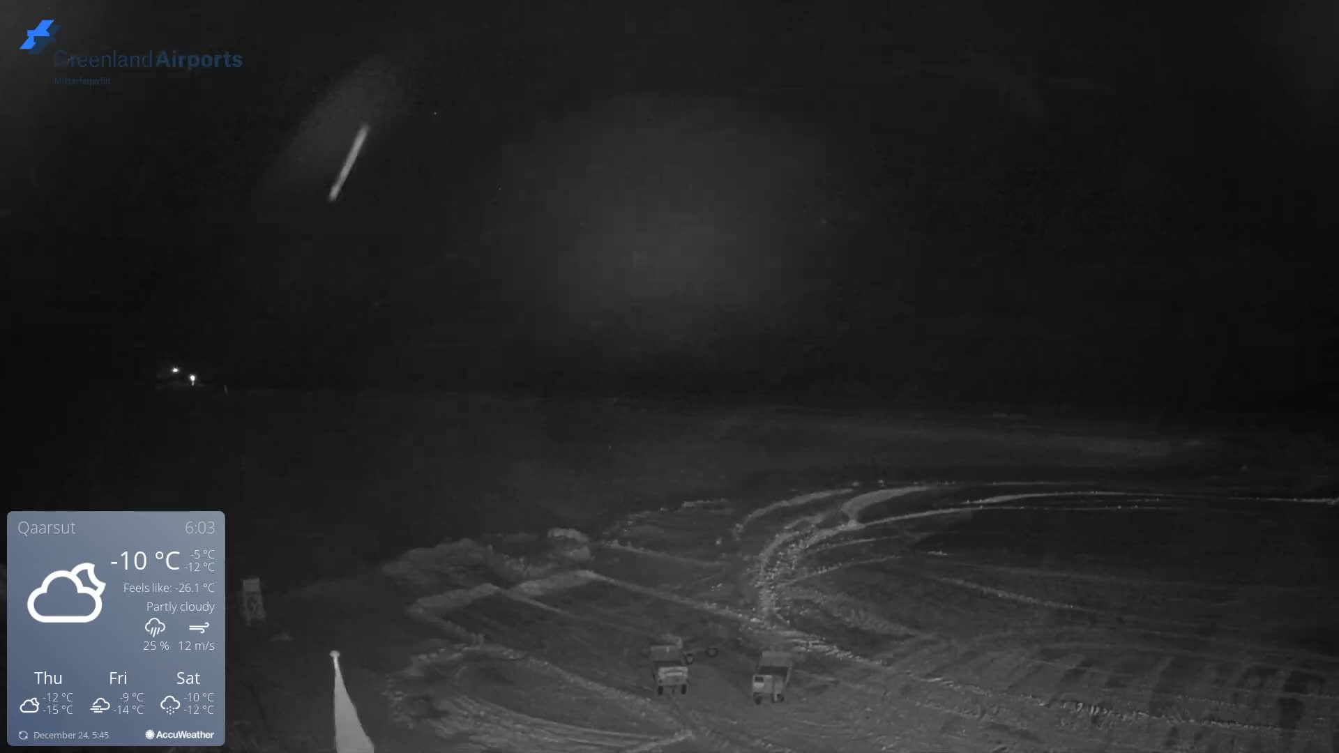 The image captures a dark, snowy outdoor scene at night, featuring two vehicles on a partially cleared expanse of ground under a partly cloudy sky.