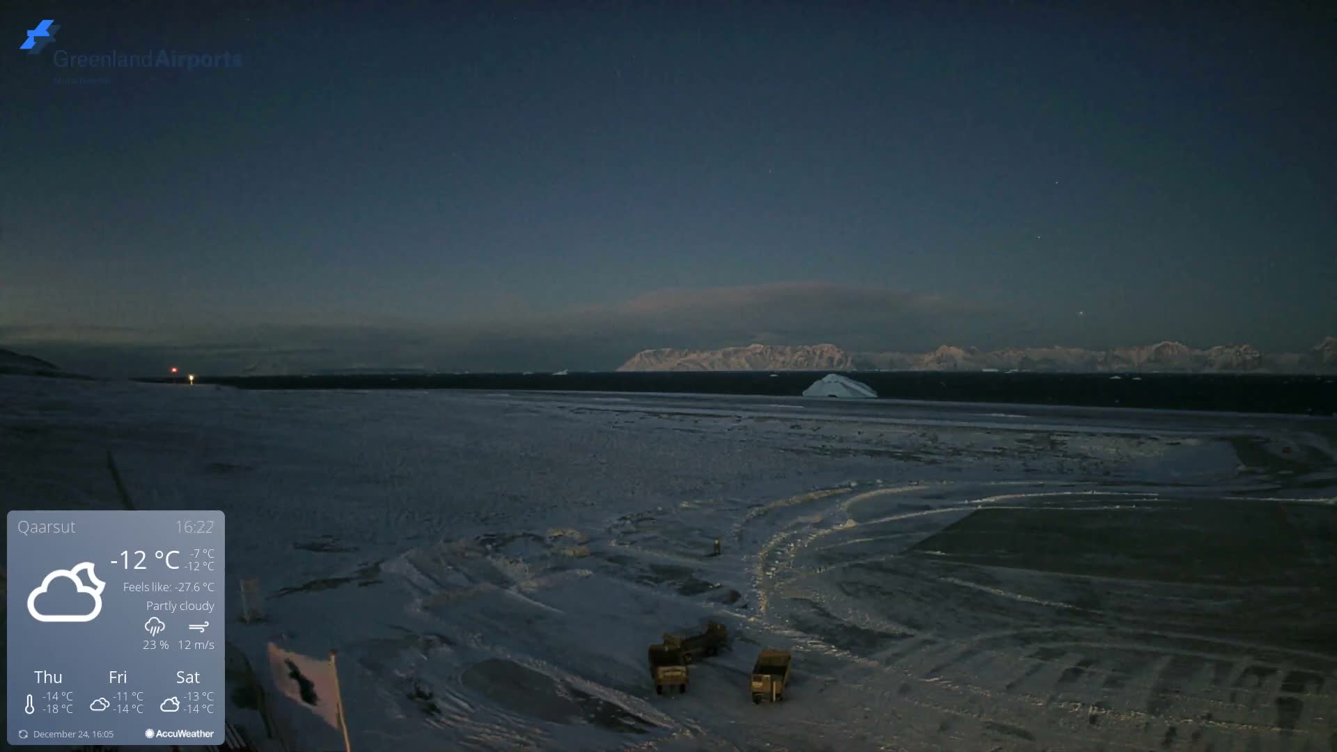 The image captures a dark, snowy outdoor scene at night, featuring two vehicles on a partially cleared expanse of ground under a partly cloudy sky.