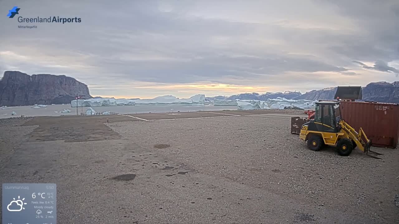 A mostly cloudy, cool day reveals a small airfield near a body of water filled with icebergs and a mountainous backdrop, with a small piece of construction equipment parked nearby.