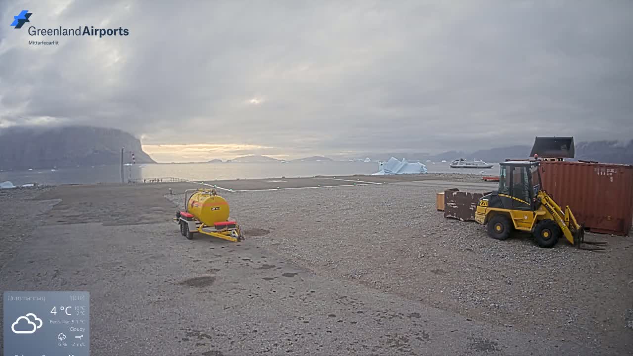 A red helicopter is hovering over a helipad near a body of water with icebergs, under a partly cloudy sky.