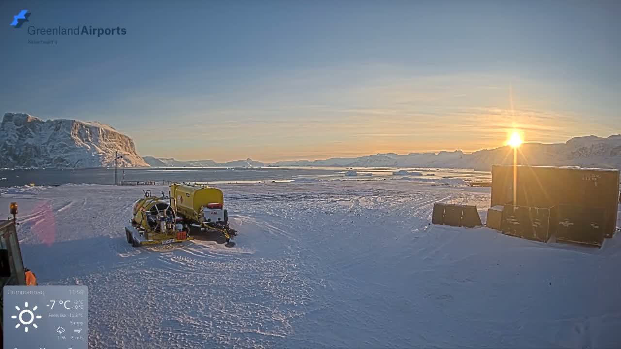 Uummannaq Heliport & Uummannaq Fjord / Storoen-Ikerasak Island Live Cam - Uummannaq, Avannaata, Greenland, Denmark