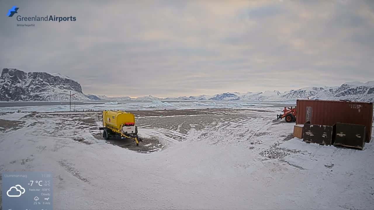 Uummannaq Heliport & Uummannaq Fjord / Storoen-Ikerasak Island Live Cam - Uummannaq, Avannaata, Greenland, Denmark