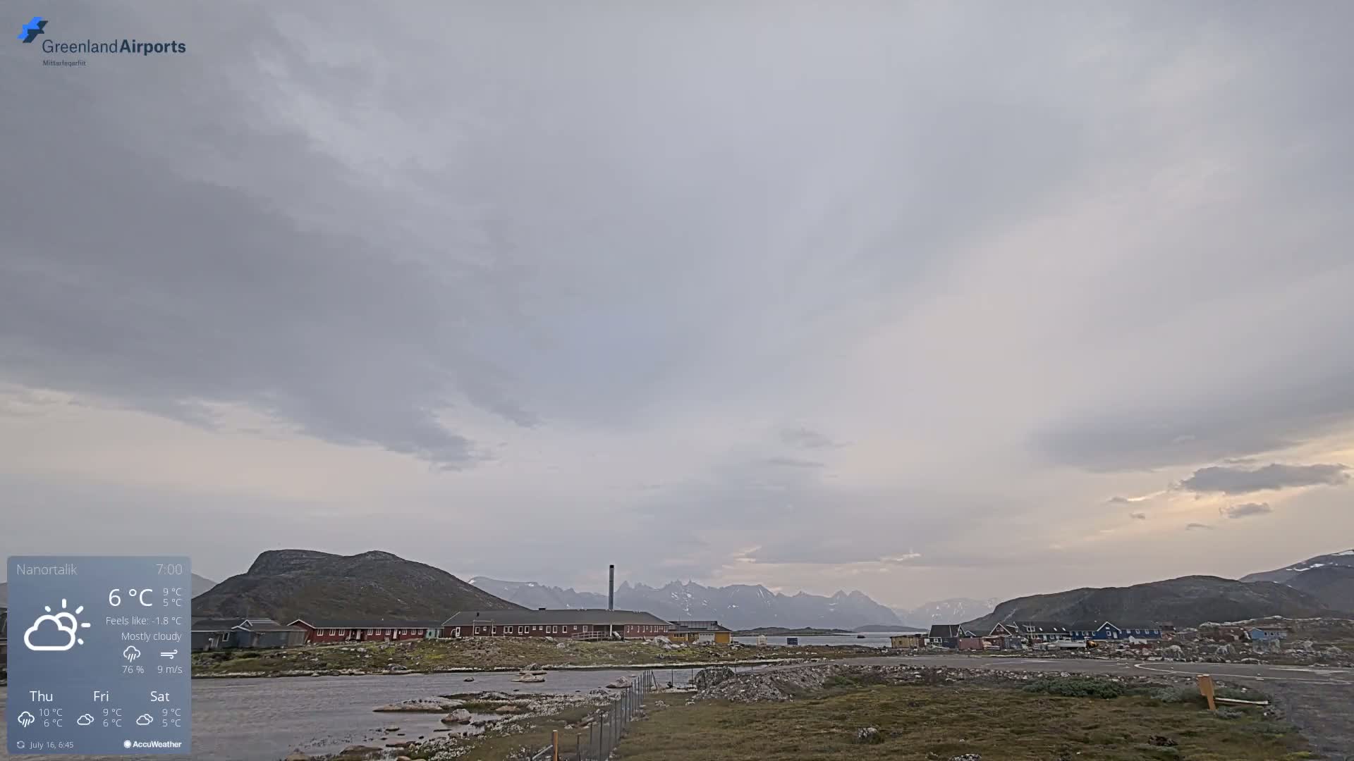 A mostly cloudy sky hangs over a small town nestled between low, rocky hills and a body of water, with mountains visible in the distance.