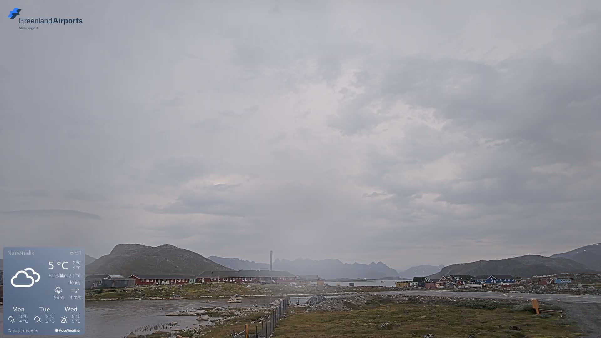 A cloudy, overcast day shows a small town nestled between a river and mountains, with a calm body of water in the distance.