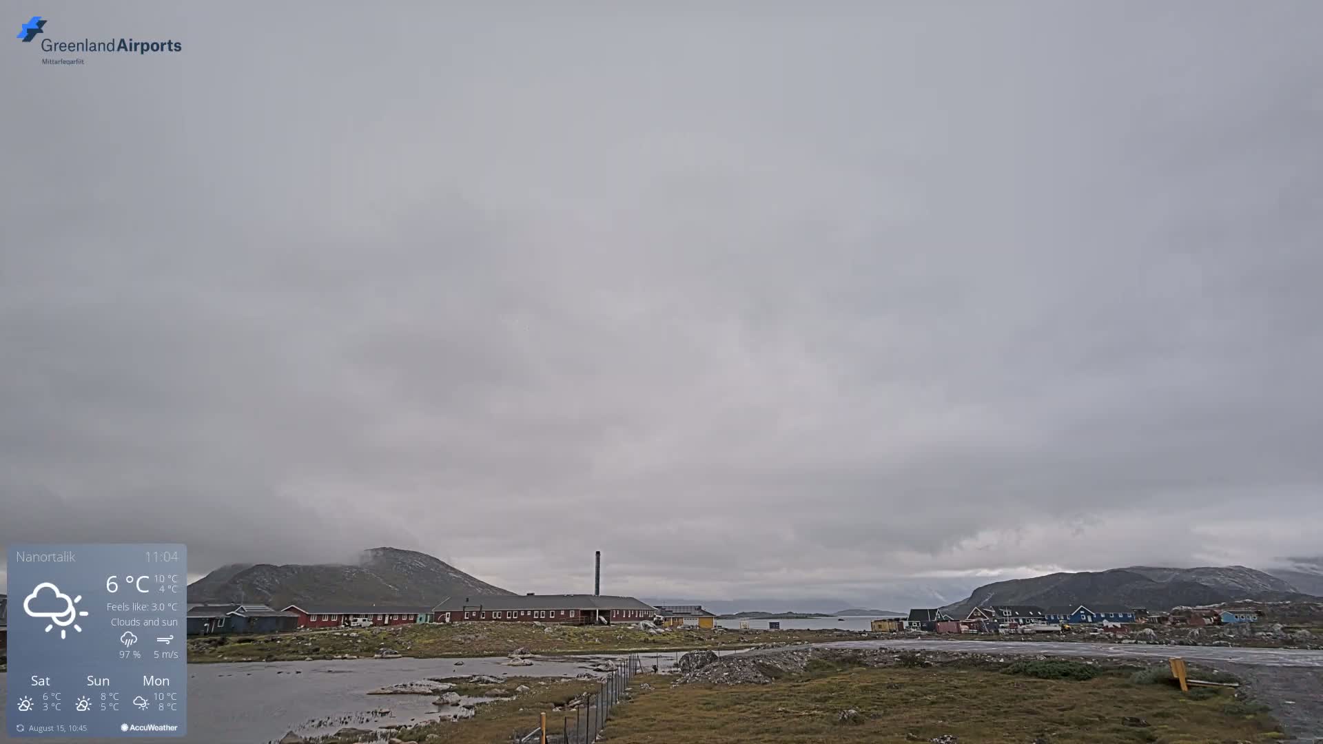 A foggy, flat landscape with a body of water and a few buildings in the distance is visible under a gray sky.