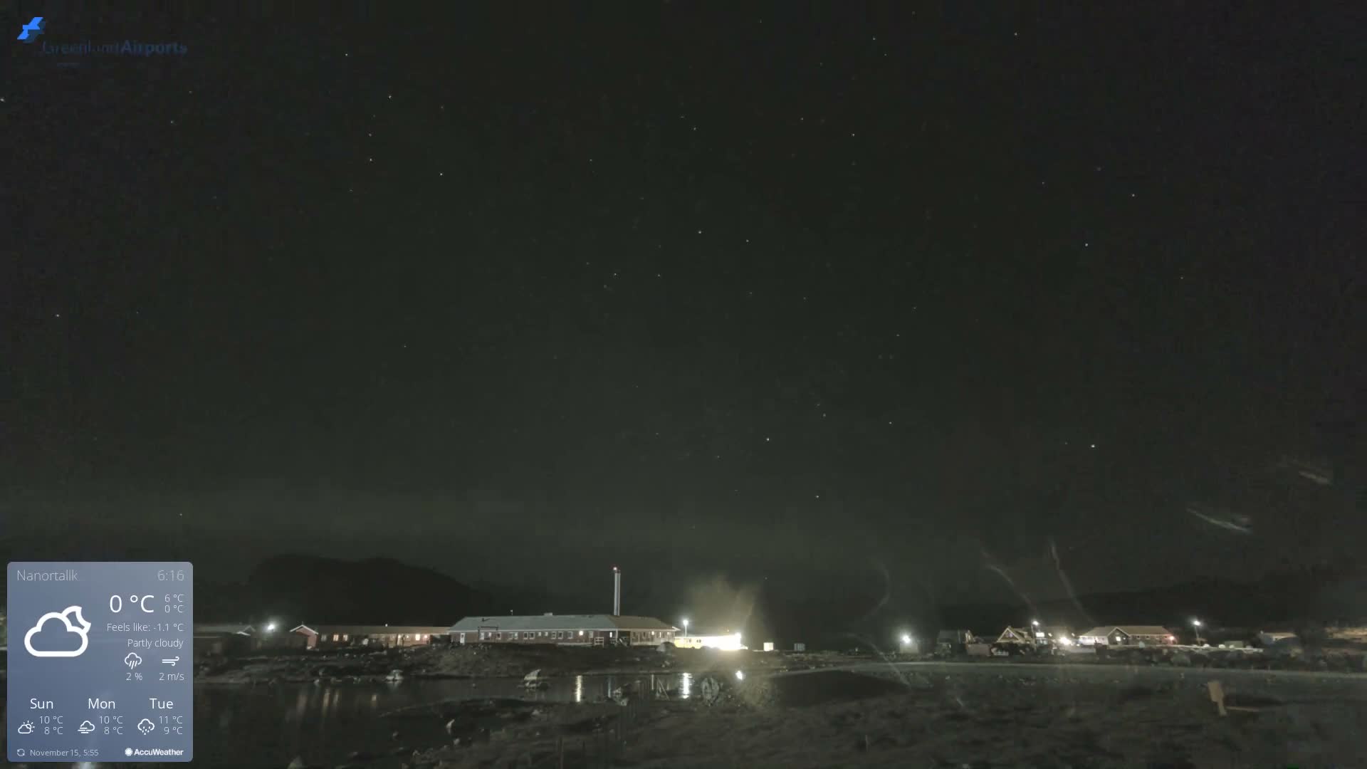Under a dark, partly clear night sky dotted with stars and subtle haze, a small coastal town is brightly lit, its reflections shimmering on calm water, with distant hills in the background and a prominent plume of steam rising from one of its taller structures.