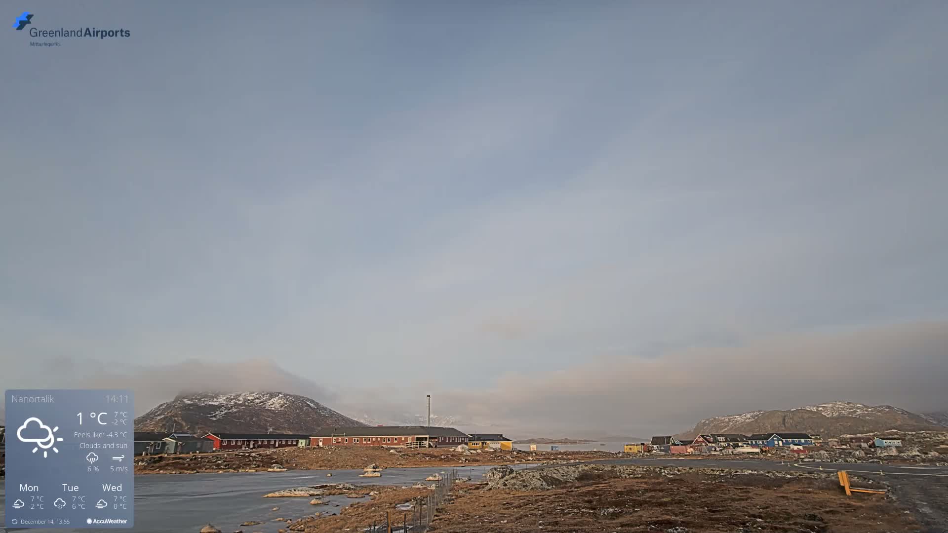 A clear, snowy night scene displays an illuminated village nestled among dark mountains, with lights reflecting in a body of water, all beneath a starry sky exhibiting a subtle green auroral glow.