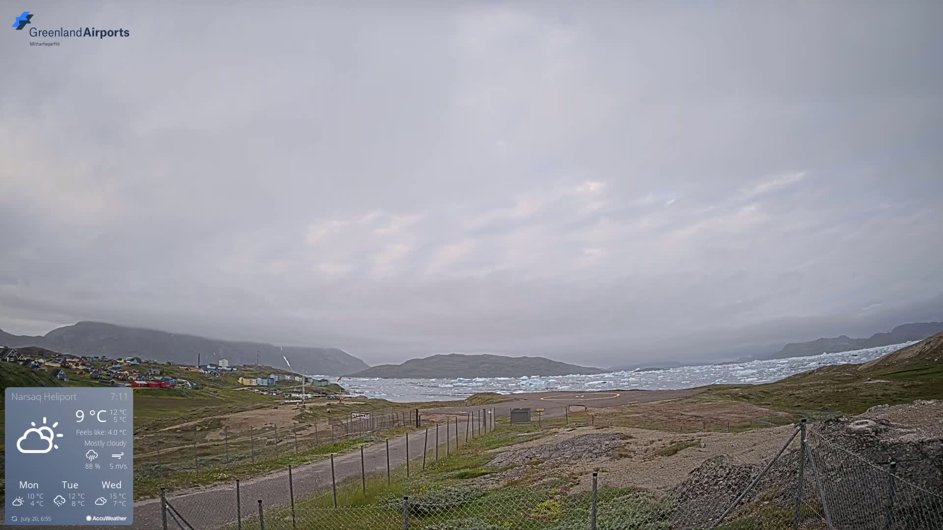 A mostly cloudy day reveals a small airport near a town, overlooking a body of water filled with icebergs.