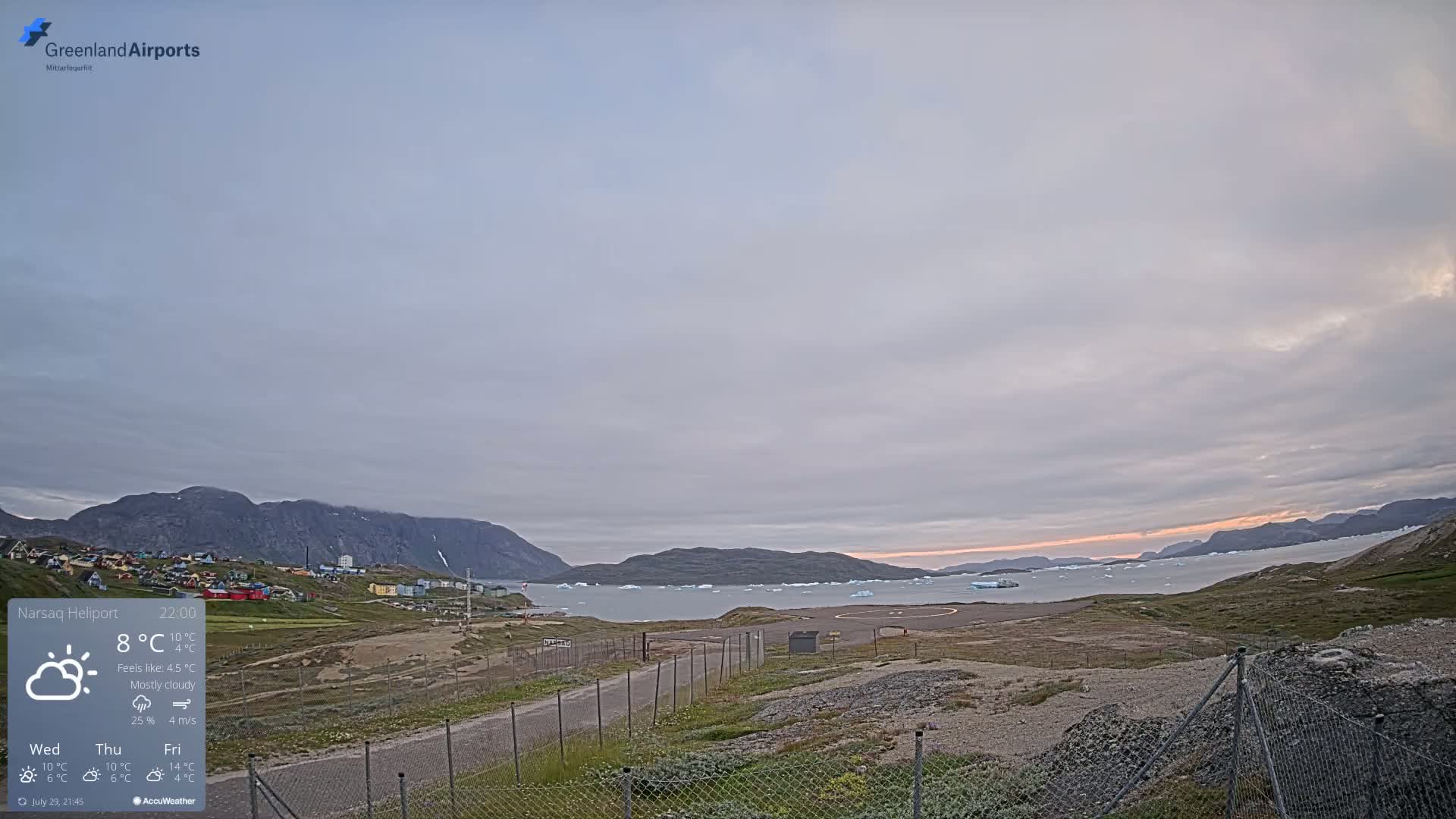 A mostly cloudy day reveals a small airport near a town, overlooking a body of water filled with icebergs.