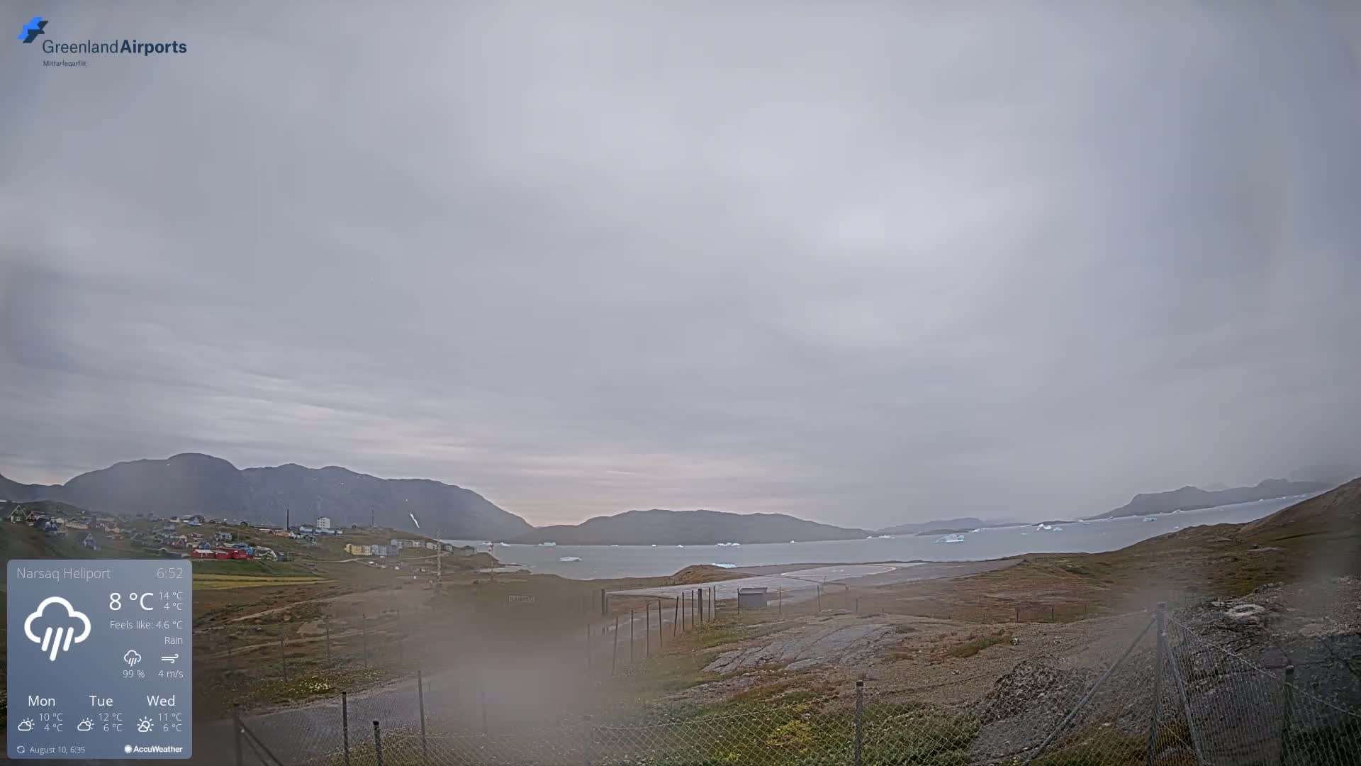 A rainy, overcast day shows a view of a small town nestled between mountains and a body of water dotted with icebergs.