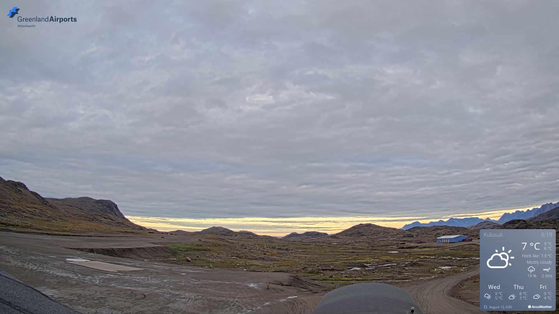 A mostly cloudy, cool sunrise illuminates a flat, barren landscape with low mountains in the background and a small airfield in the foreground.