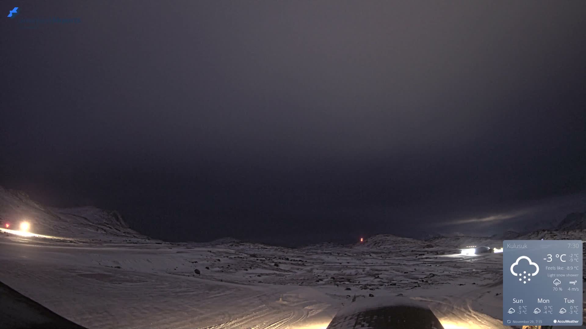 A dark, snow-covered winter landscape unfolds under an overcast sky, with distant lights piercing the gloom amidst light snow shower conditions.
