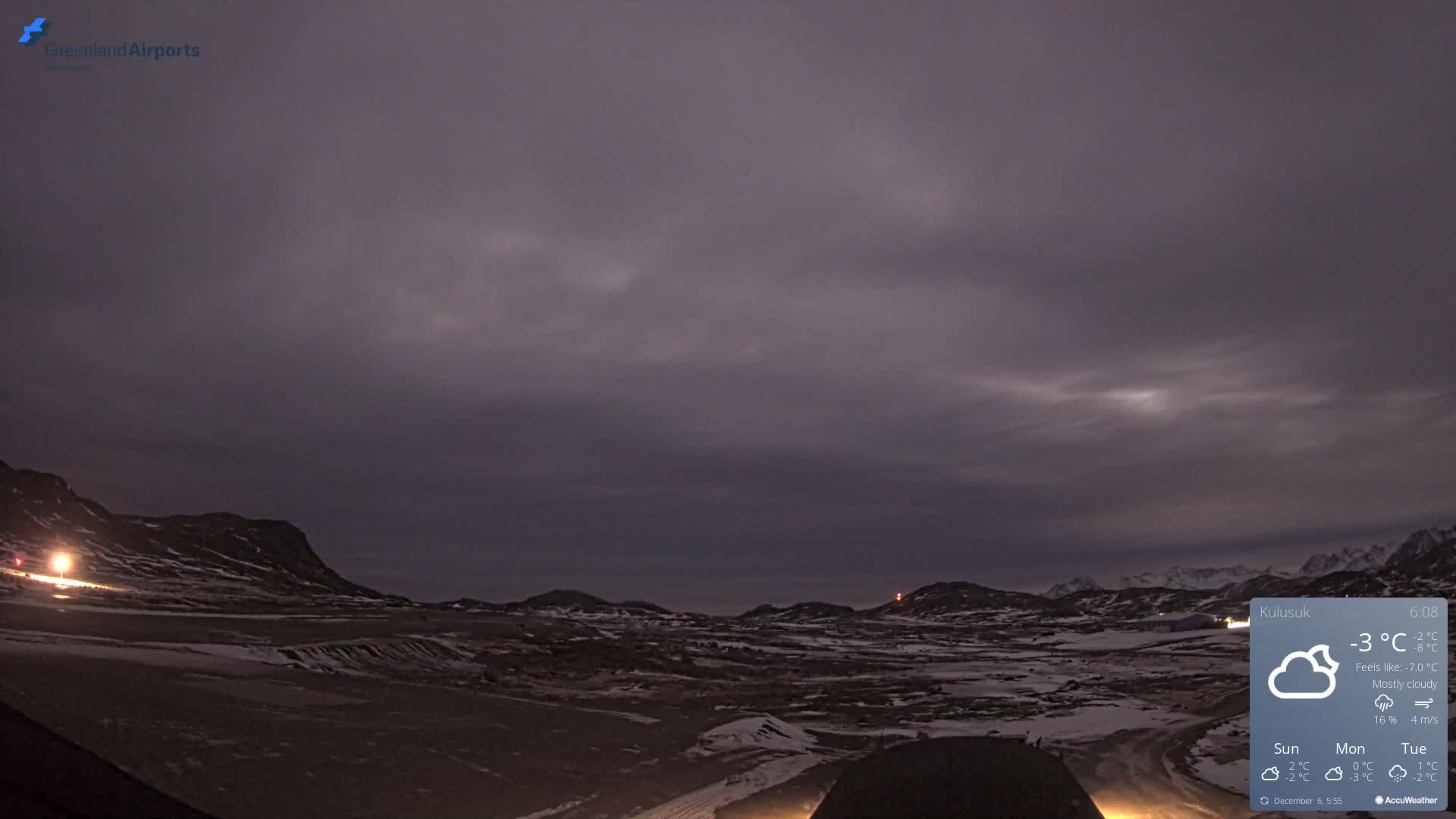 A rugged, snow-dusted landscape with hills and distant mountains is visible under a dark, heavily overcast sky, with artificial lights prominent in the cold, mostly cloudy scene.