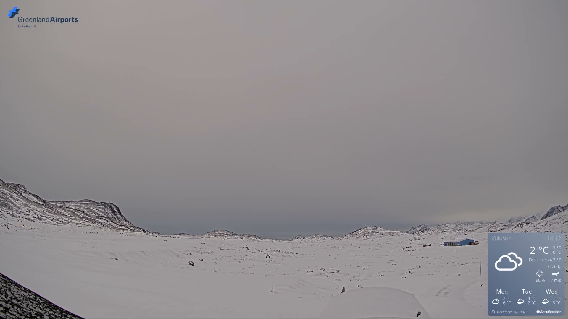 A rugged, snow-dusted landscape with hills and distant mountains is visible under a dark, heavily overcast sky, with artificial lights prominent in the cold, mostly cloudy scene.