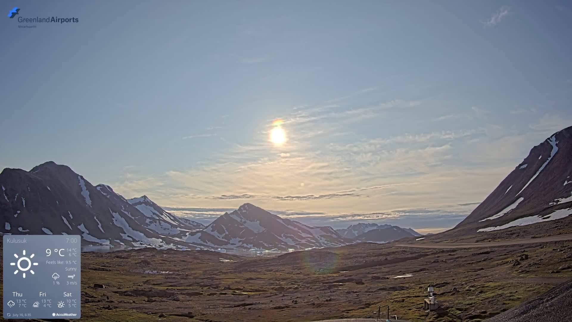 A sunny day reveals a valley surrounded by snow-capped mountains under a mostly clear sky.