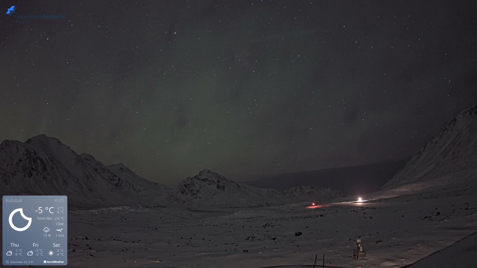 A vast, clear, snow-covered mountainous landscape is illuminated by a starry night sky with faint green aurora borealis, featuring distant lights across the snowy ground.