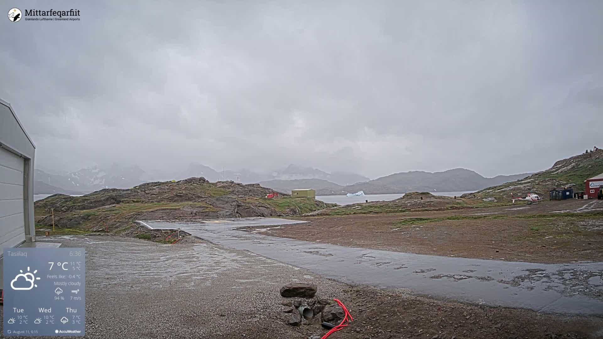 A wet, mostly cloudy scene shows a paved area leading to a body of water with distant mountains and a small iceberg under an overcast sky.