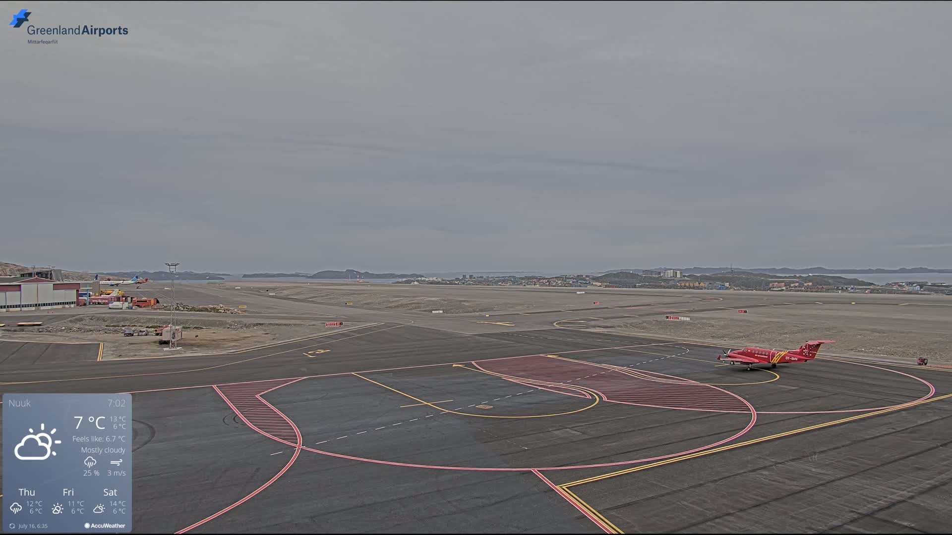 A mostly cloudy day at an airport shows a small red airplane parked on the tarmac with a distant view of a town and water.