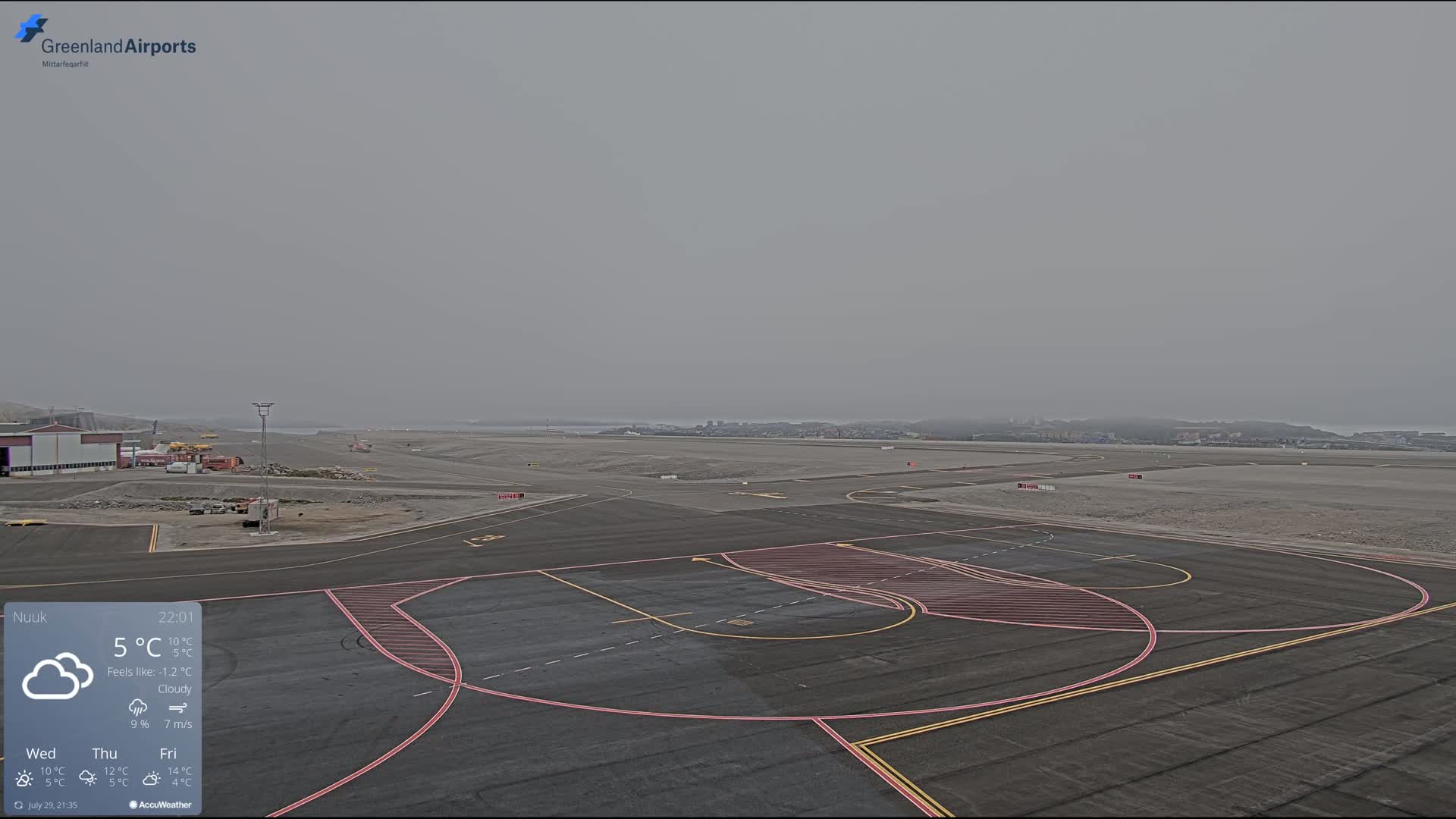 A mostly cloudy airport tarmac is shown with a small airplane on the runway and a distant town visible across the water.