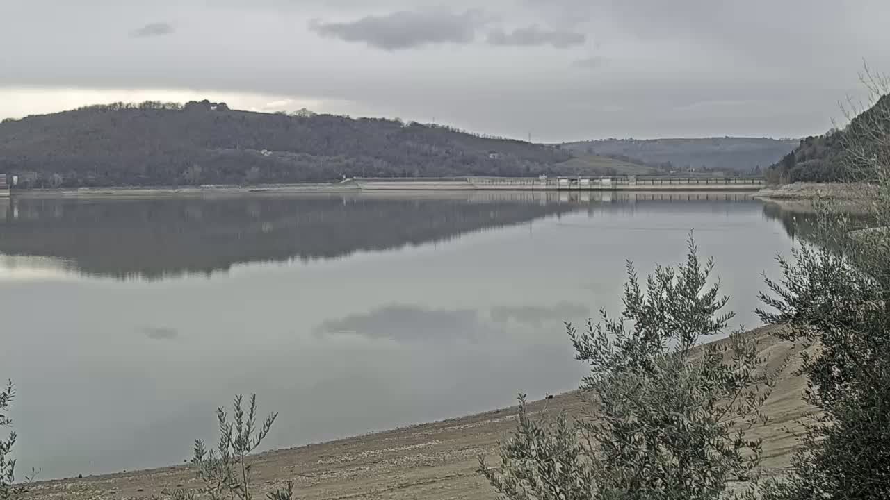 A calm lake reflects a cloudy sky and wooded hills, with a dam visible in the middle distance and low-lying vegetation in the foreground.