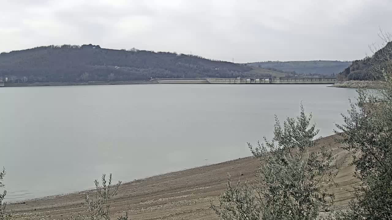 A calm, gray lake with a low water level reveals a wide expanse of exposed, sandy shoreline, backed by a dam and tree-covered hills under an overcast sky.