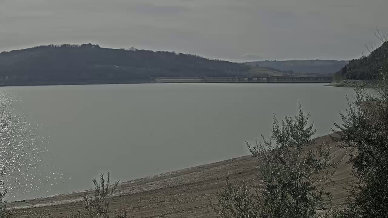 A calm, gray-toned lake stretches out beneath a cloudy sky, its shores lined with barren, scrubby vegetation and a distant dam visible in the background.
