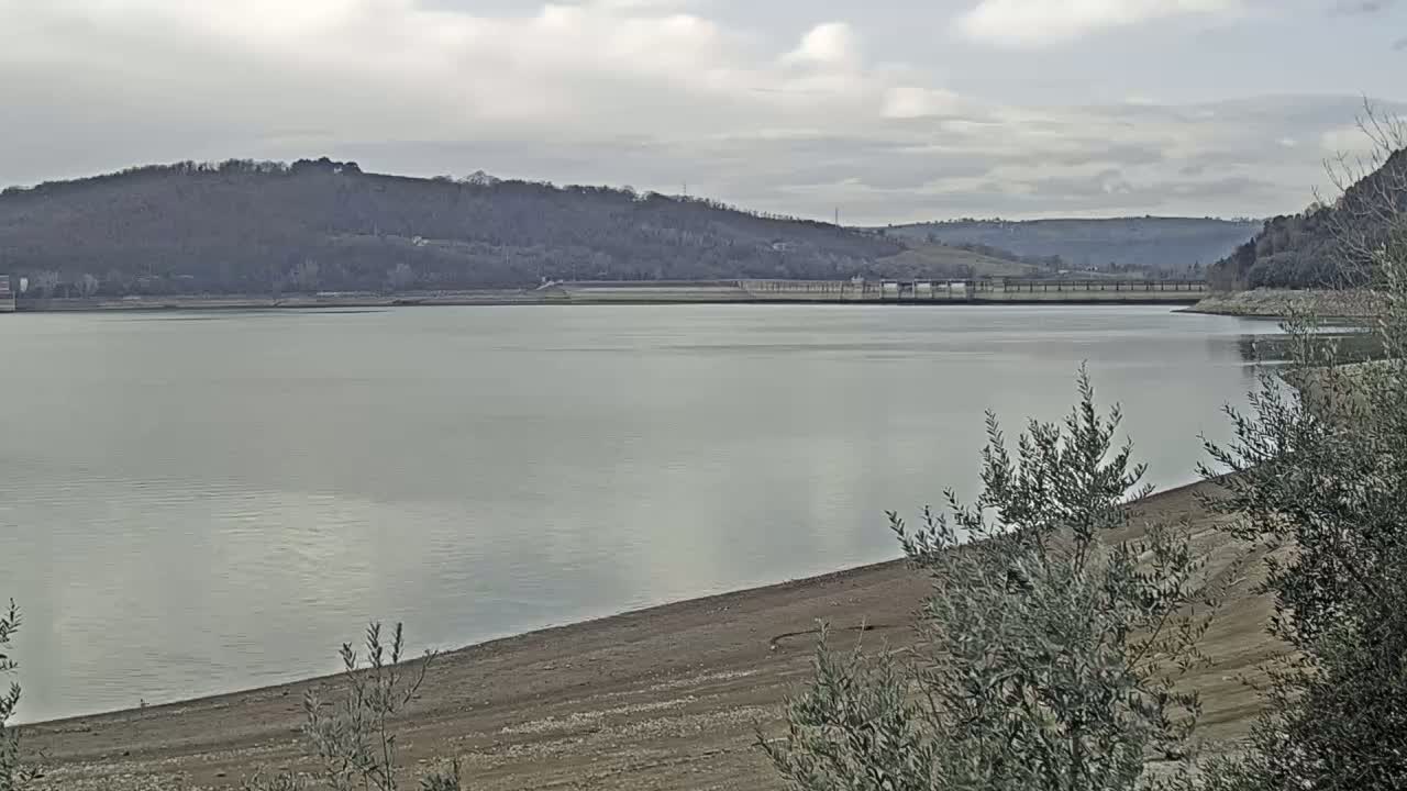 A calm lake with a receding shoreline, under a cloudy sky, is bordered by low hills covered in bare trees.