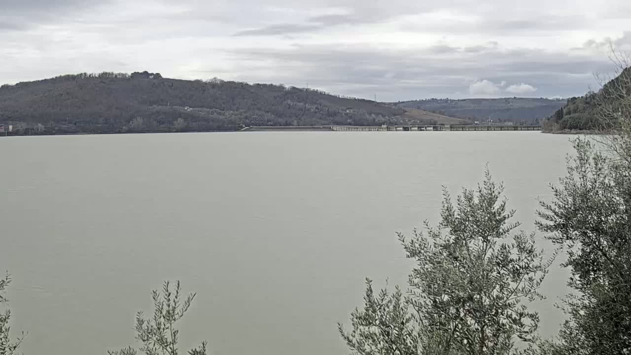 A large body of calm, light-green water stretches to a distant dam and hills under an overcast sky.