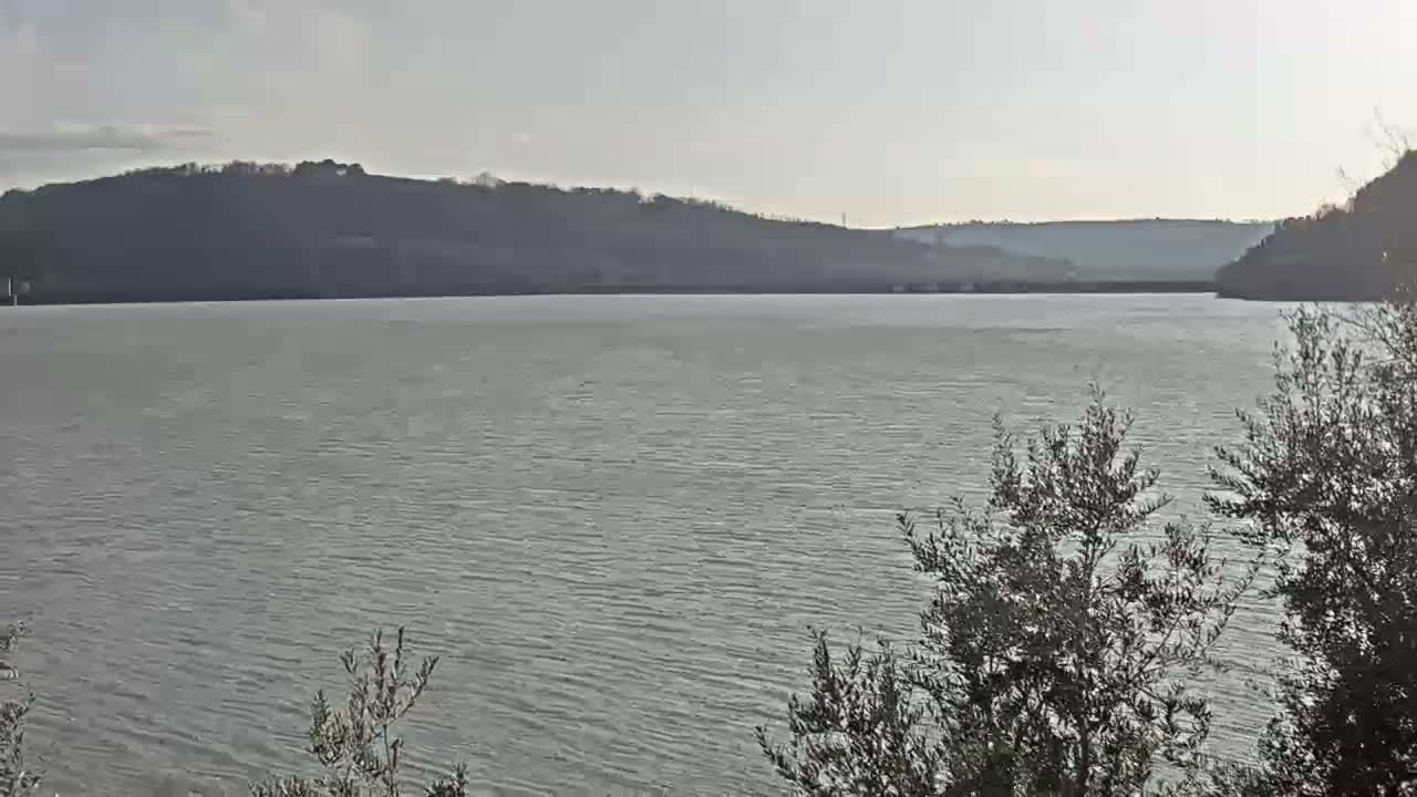 A calm body of water stretches out before a line of dark, tree-covered hills under a pale, cloudy sky.