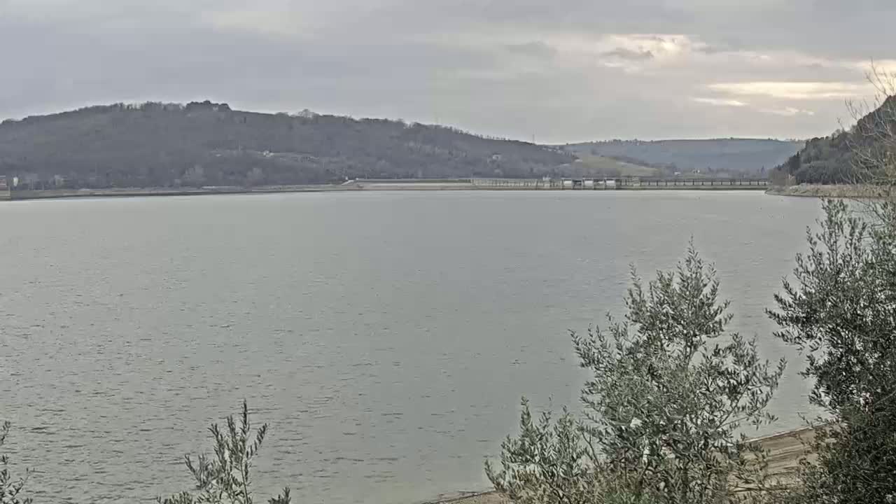 A large body of calm, grey water stretches out under an overcast sky, backed by low, tree-covered hills.