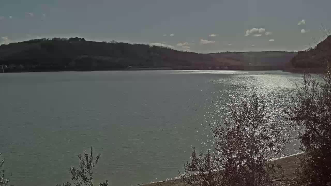 A calm body of water sparkles under a partly sunny sky as it stretches out towards tree-covered hills in the distance.