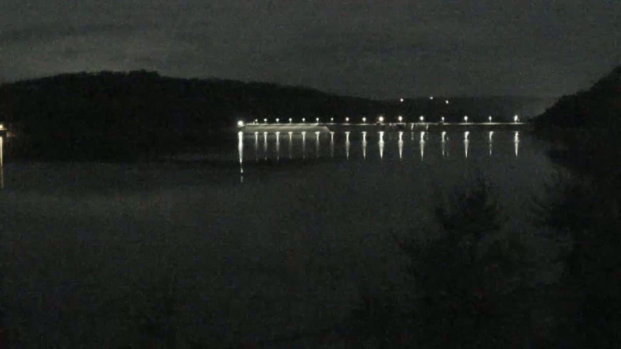 Lights illuminate a calm body of water at night, reflecting off the surface in front of a dark, wooded shoreline.
