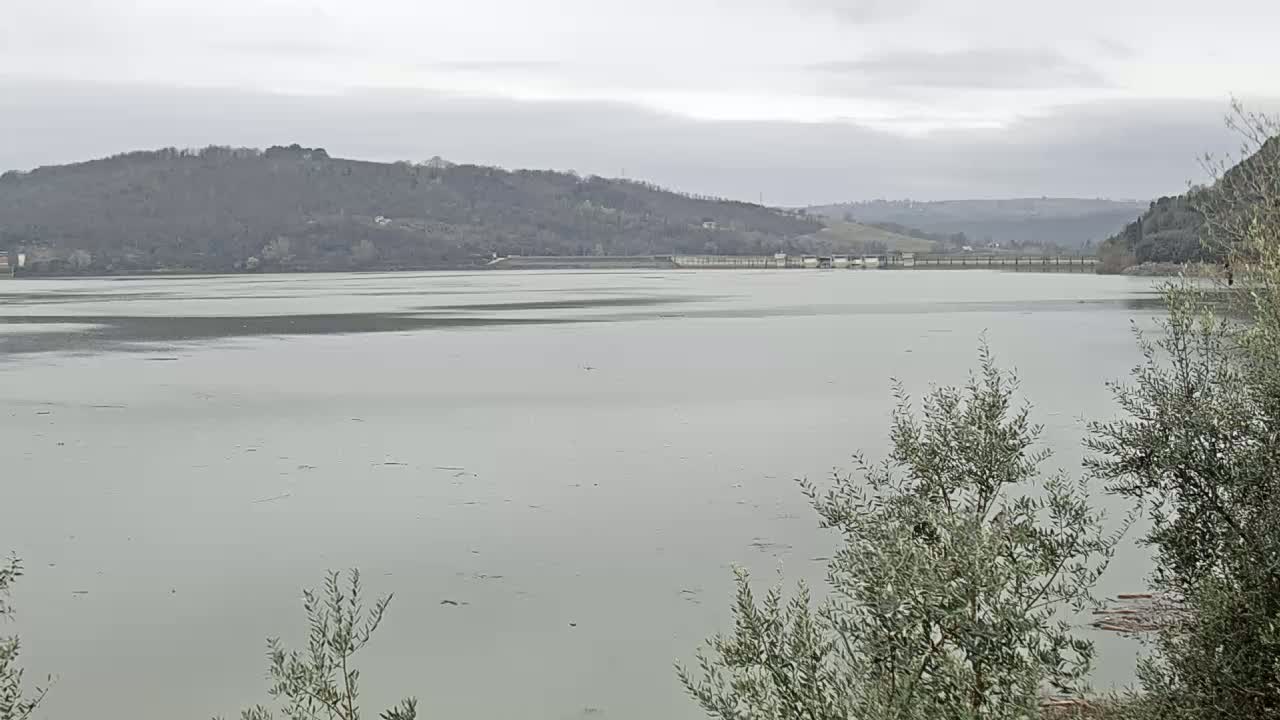 A calm, pale-green lake stretches out beneath an overcast sky, framed by bare, winter trees and distant hills.