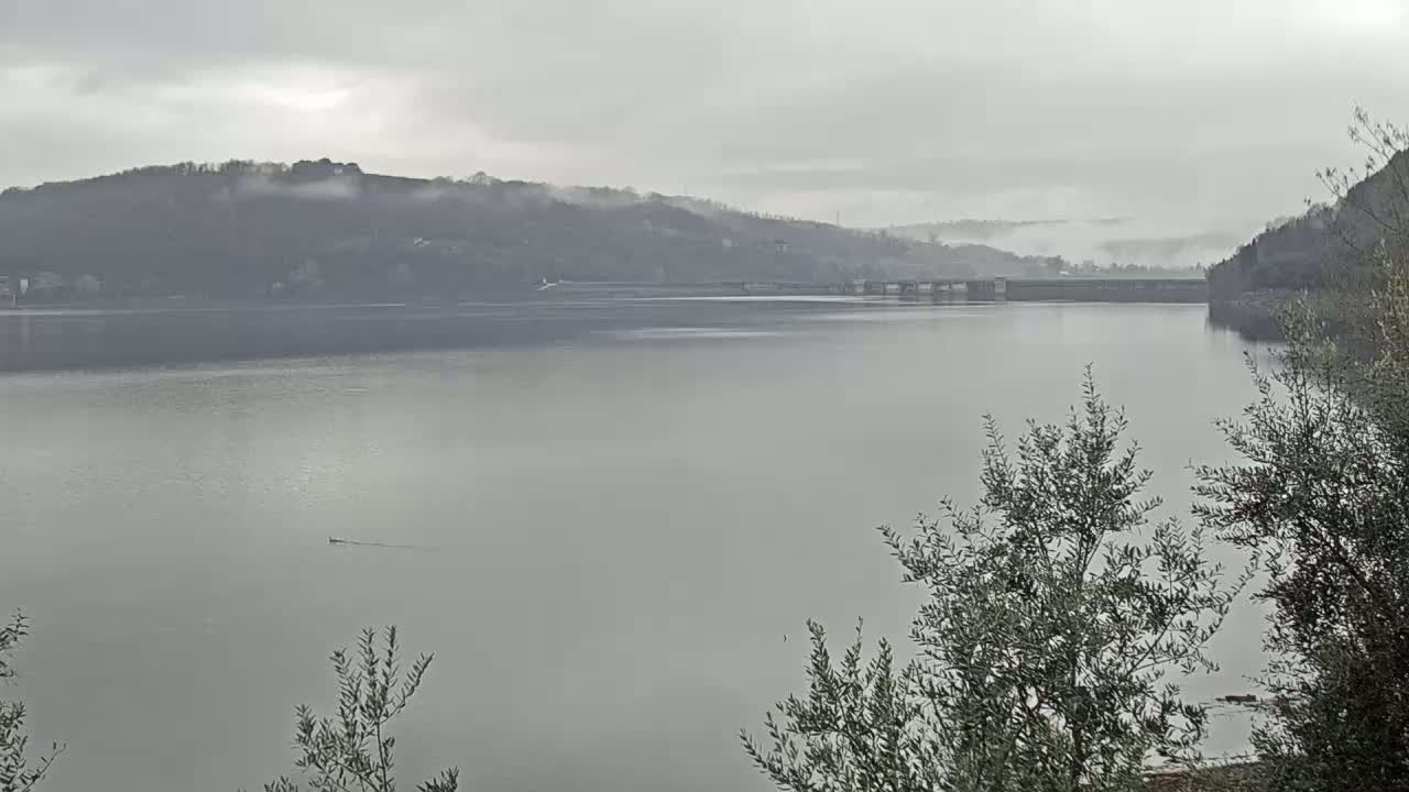 A calm lake stretches to a distant dam under an overcast sky, with a small boat visible in the water and vegetation in the foreground.