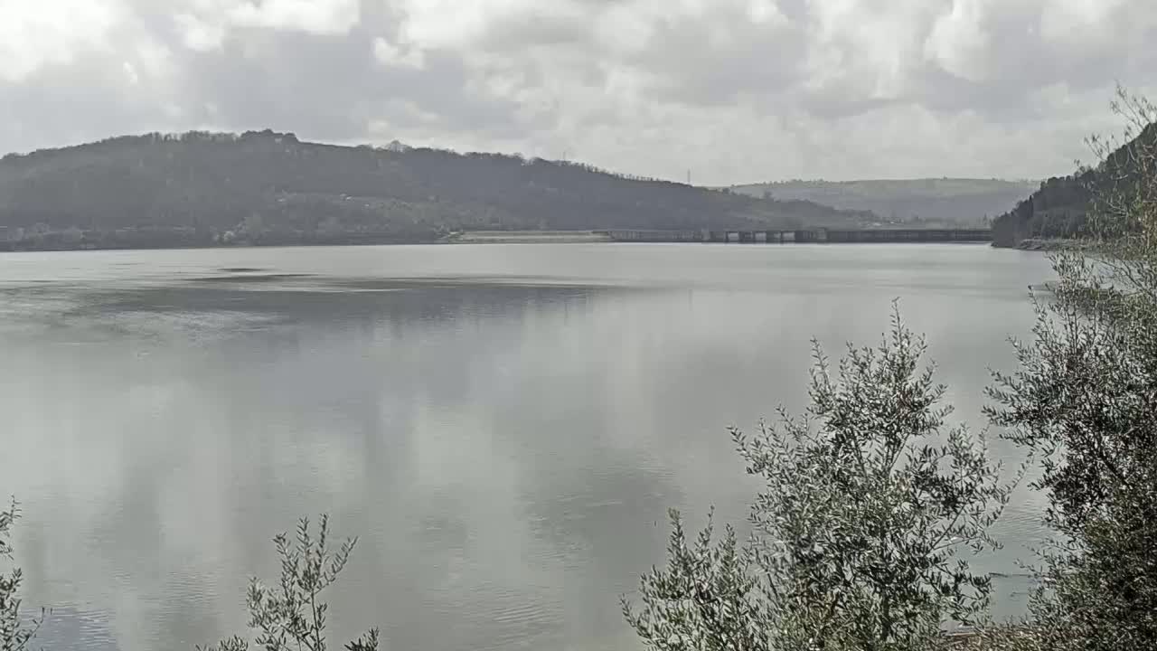 A calm lake stretches out under a cloudy sky, with a dam visible in the distance and shrubs in the foreground.