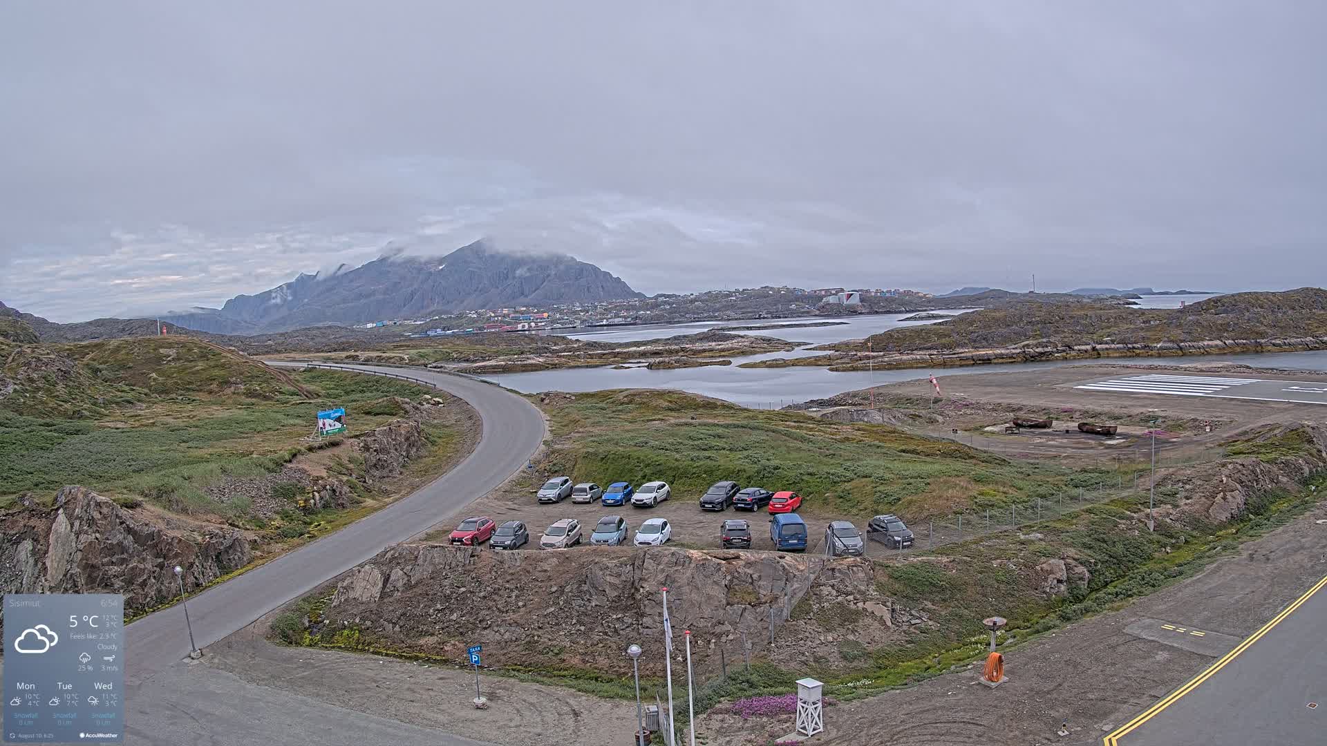 A cloudy day reveals a small town nestled beside a body of water, a parking lot filled with cars, and a small airport runway with a few boats nearby.