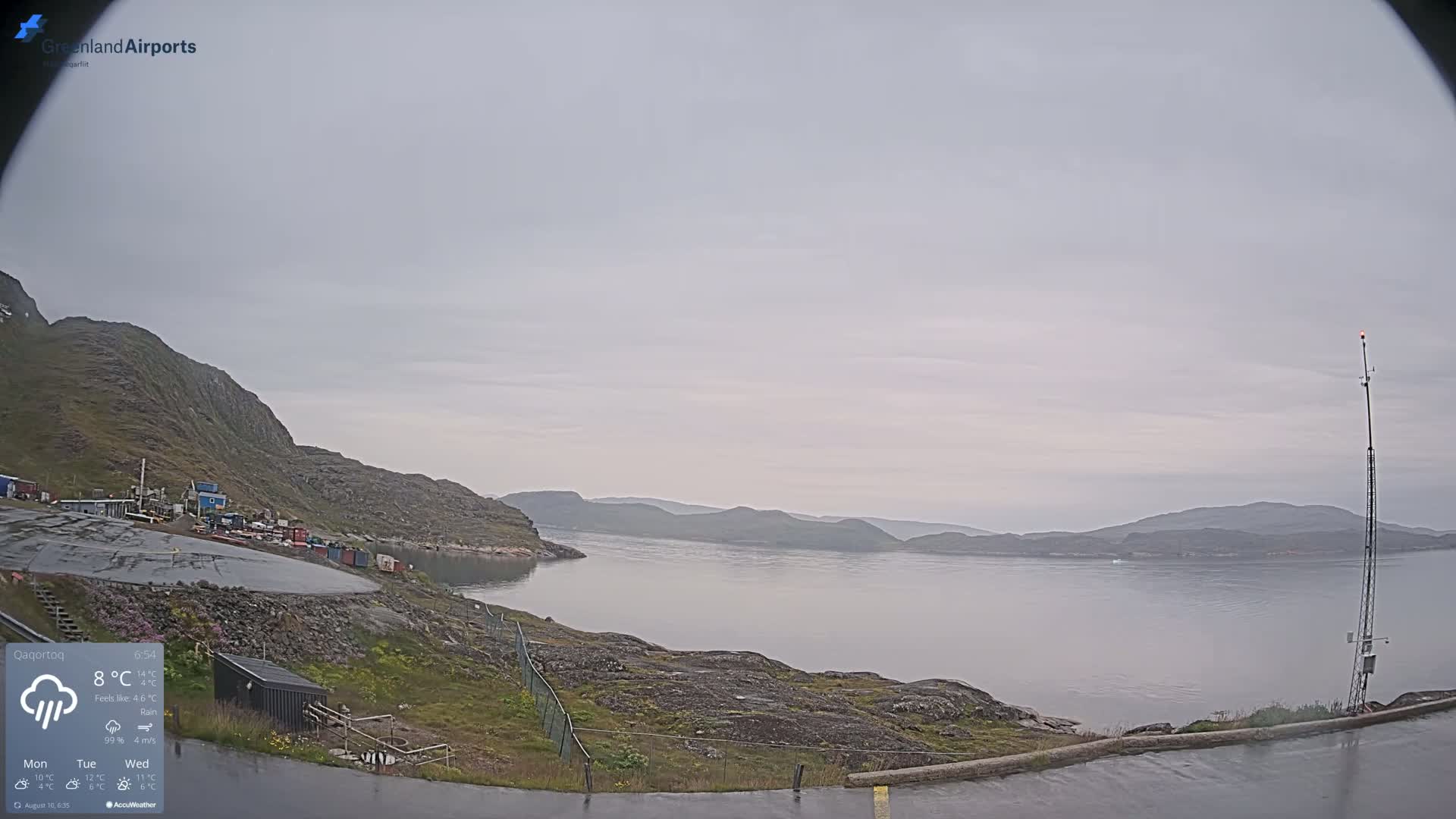 A rain-soaked coastal scene shows a body of water between rocky hills under an overcast sky.