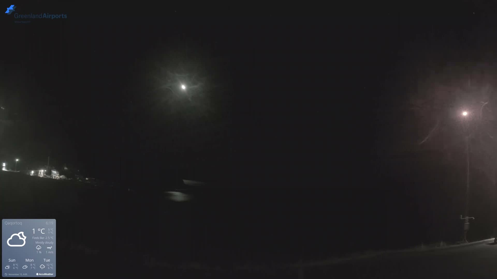 A dark, moody cloudy night scene outdoors features a bright moon in the upper left, a streetlamp illuminating light precipitation on the right, and faint building outlines in the distance.