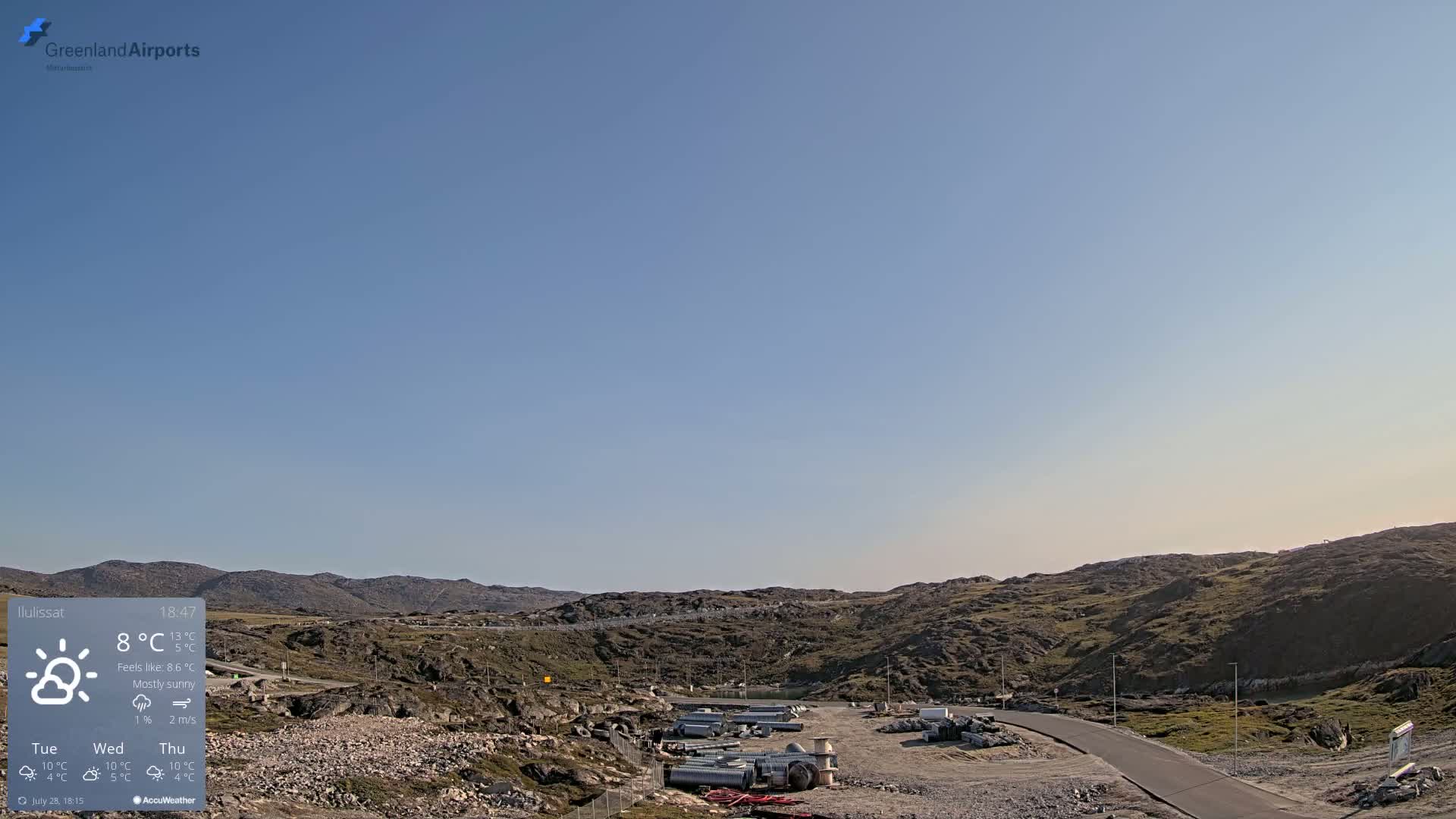A mostly sunny, slightly breezy day overlooks a rocky, sparsely vegetated landscape with a paved road and construction materials near a body of water.