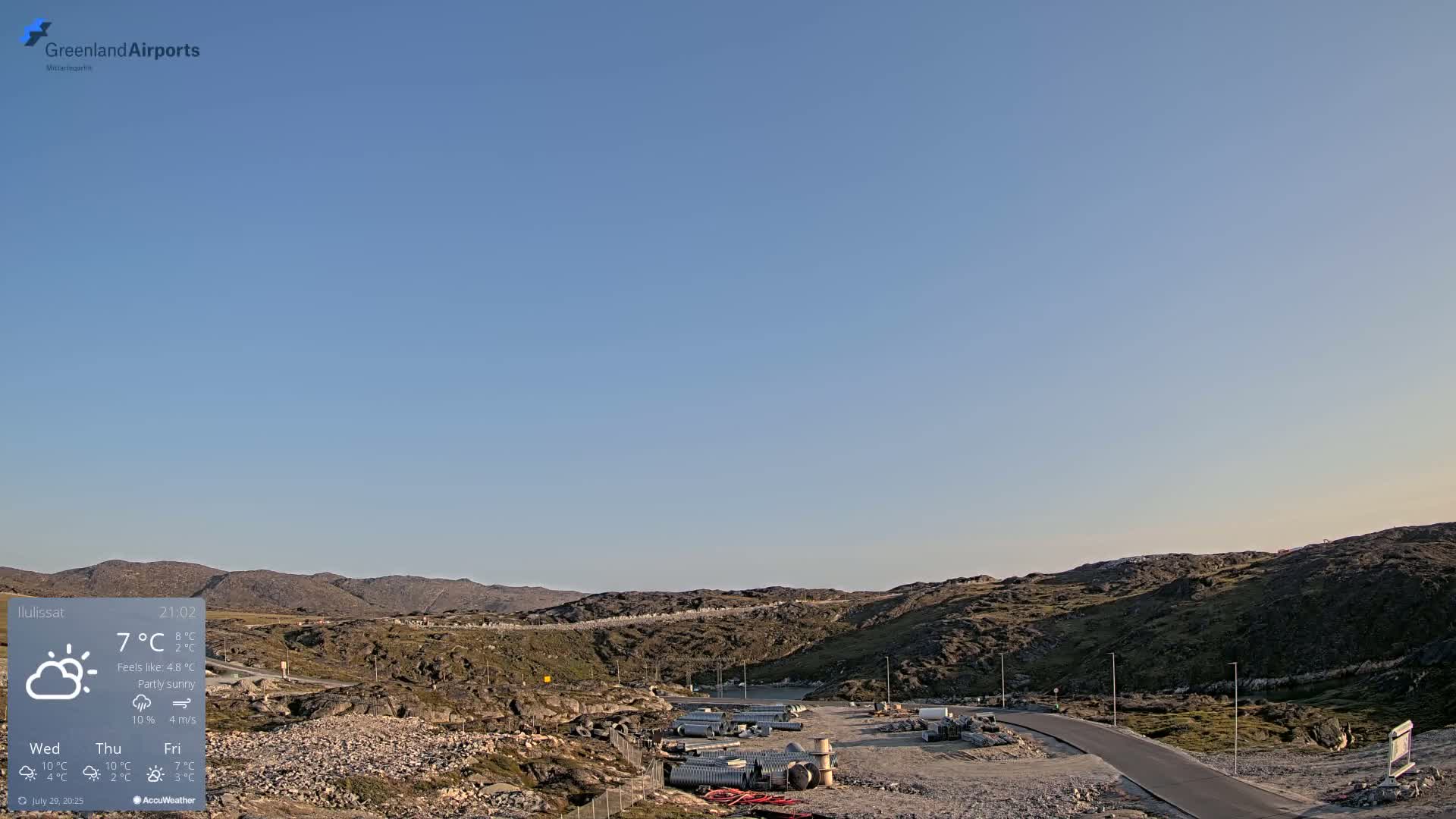 A mostly sunny, slightly breezy day overlooks a rocky, sparsely vegetated landscape with a paved road and construction materials near a body of water.